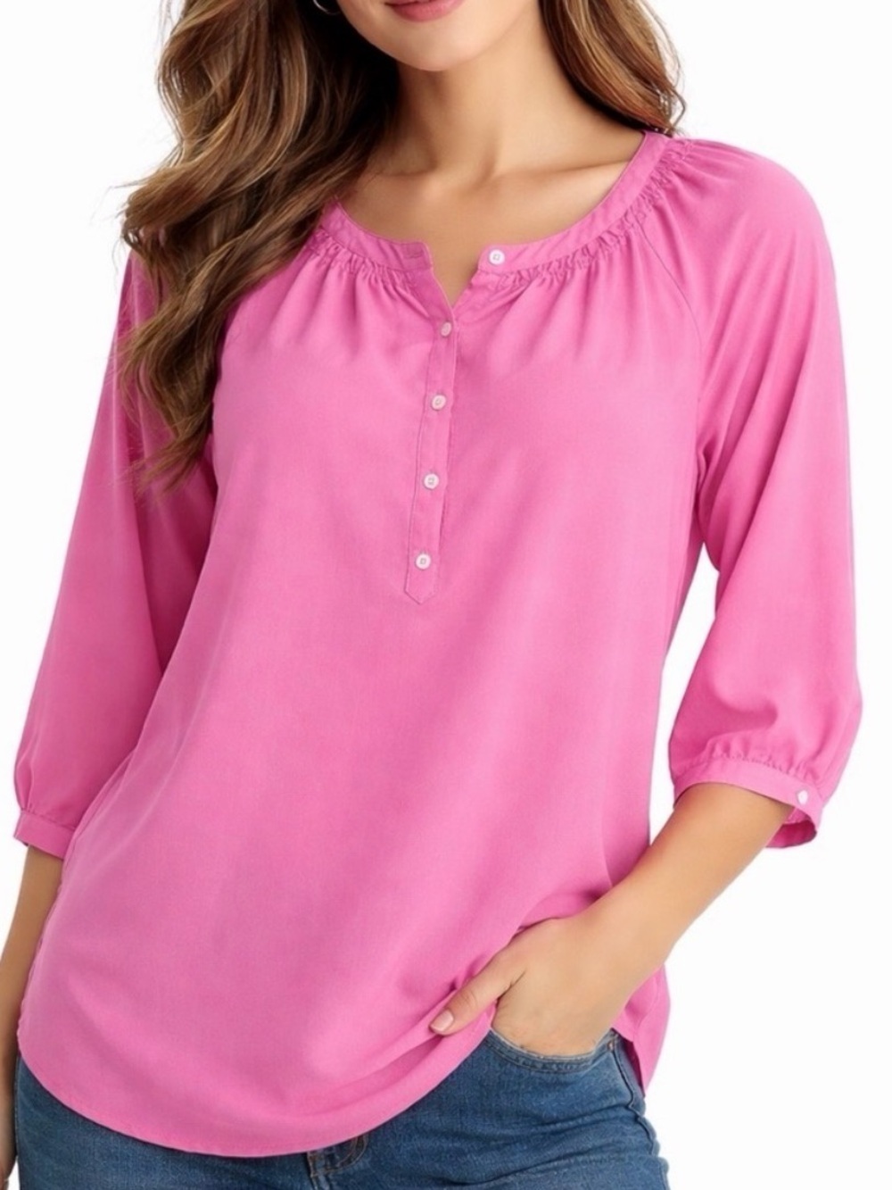 NEW Lauren Ralph Lauren Blouse top XSmall Pink Popover 3/4 Sleeve button shirt